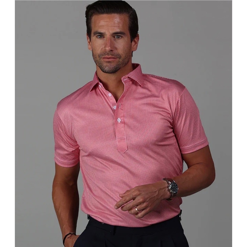Collars & Co Mens Size Medium Polo Shirt Red Houndstooth Dress Collar NEW
